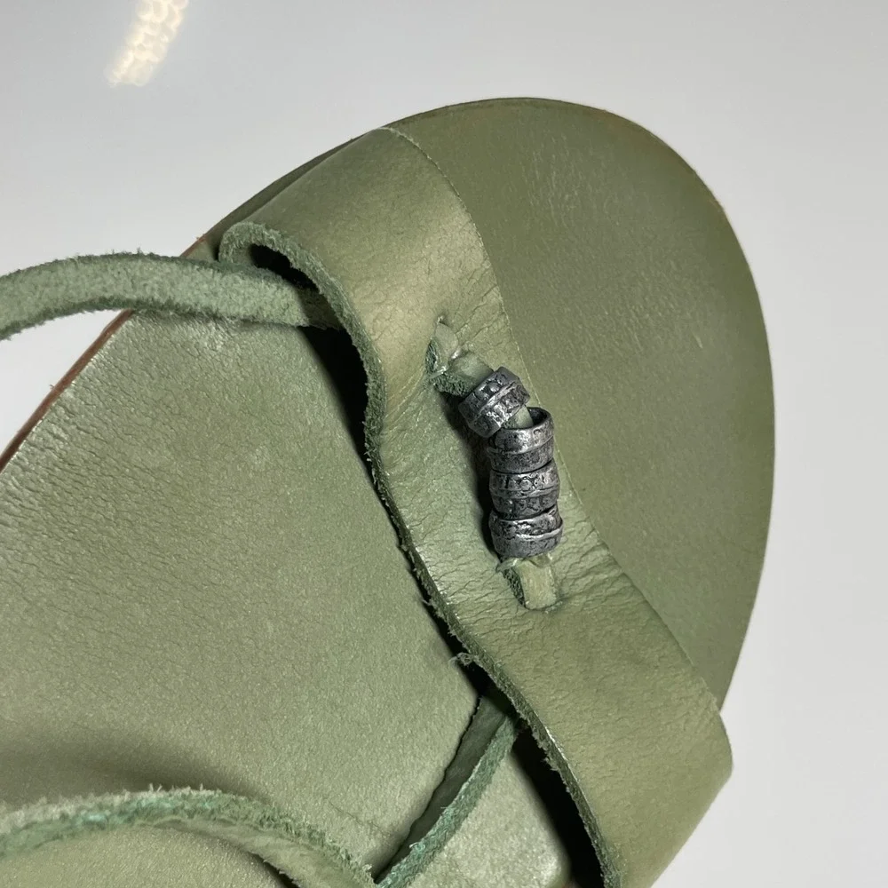 Sz 6.5 Free People Sage Green Leather Lace Up Gladiator Tassel Sandals 37 Boho